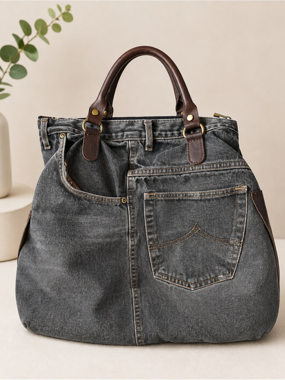 Unique Upcycled Denim Tote Handbag with Leather Handles - Gray